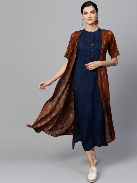 

Libas Women Navy Blue Solid Maxi Dress with Ethnic Jacket