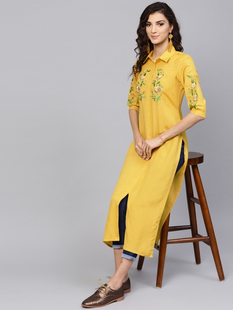 

Libas Women Yellow Yoke Design Straight Kurta