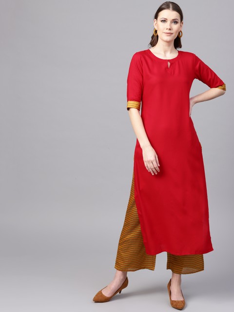 

Libas Women Red & Mustard Brown Solid Kurta with Palazzos