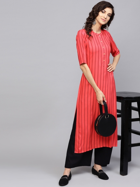 

Libas Women Coral Red & Black Striped Straight Kurta