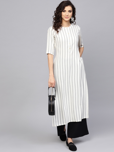 

Libas Women White & Grey Self-Striped Straight Kurta