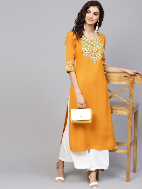 

Libas Women Mustard Yellow Yoke Design Straight Kurta