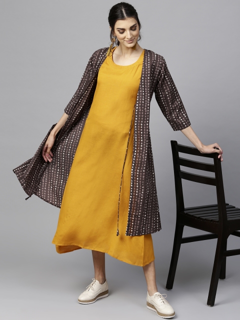 

Libas Women Yellow Solid A-Line Dress with Ethnic Jacket