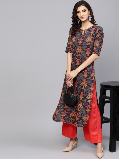 

Libas Women Navy Blue & Pink Printed Straight Kurta