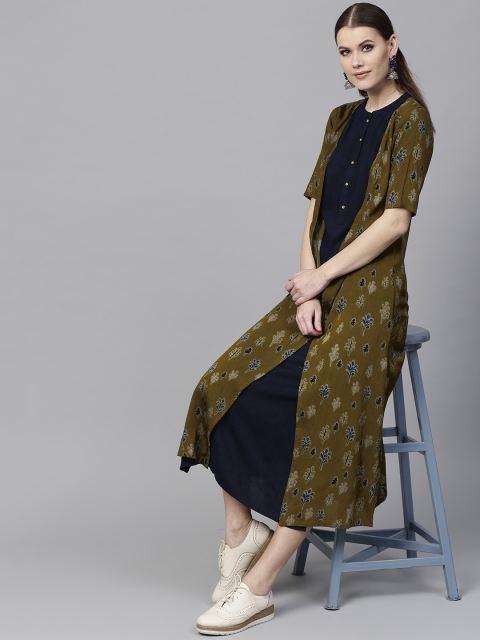 

Libas Women Navy Blue Solid Midi A-Line Dress with Ethnic Jacket