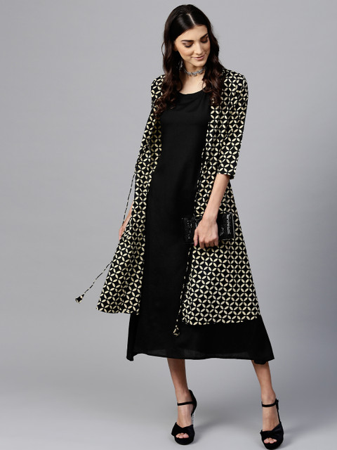 

Libas Women Black & Off-White Solid A-Line Dress with Ethnic Jacket
