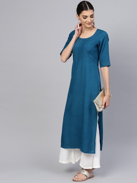 

Libas Women Teal Blue Yoke Design Straight Kurta