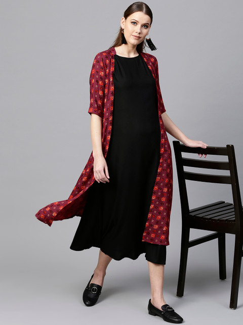 

Libas Women Black Solid Midi A-Line Dress with Ethnic Jacket