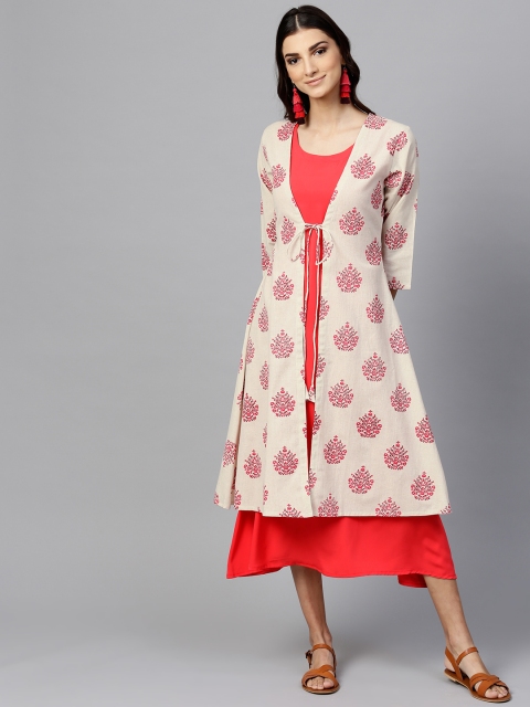 

Libas Women Coral Red Solid A-Line Dress with Ethnic Jacket