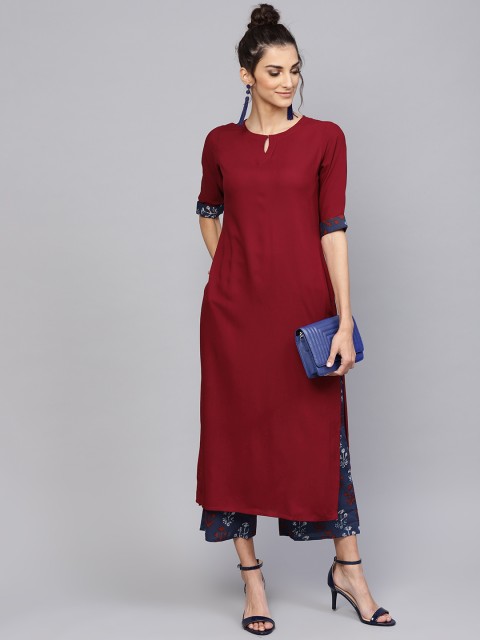 

Libas Women Maroon & Navy Blue Solid Kurta with Palazzos