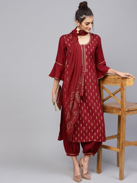 

Libas Women Maroon & Golden Block Print Kurta with Salwar & Dupatta