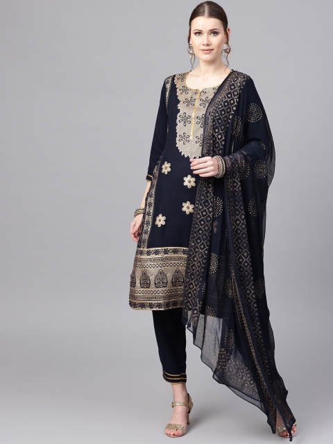 

Libas Women Navy Blue & Golden Block Print Kurta with Trousers & Dupatta