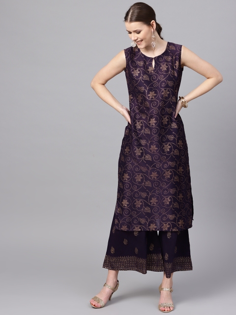 

Libas Women Aubergine & Golden Block Print Kurta with Palazzos, Purple