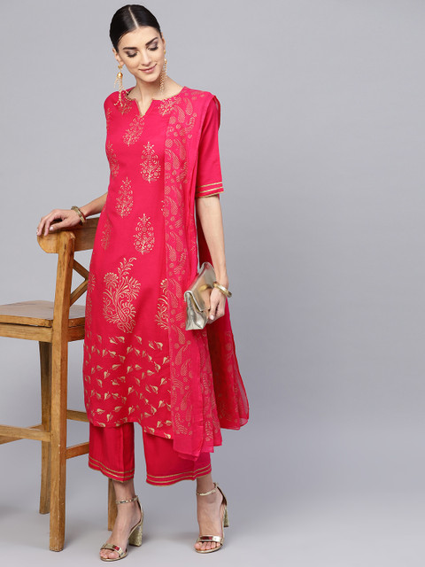 

Libas Women Magenta & Golden Block Print Kurta with Palazzos & Dupatta