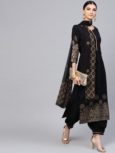 

Libas Women Black & Golden Block Print Kurta with Palazzos & Dupatta