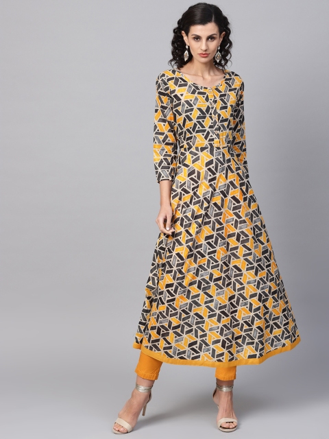 

SOJANYA Women Yellow & Chracoal Grey Printed A-line Kurta