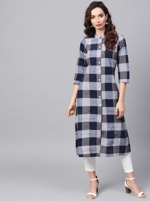 

SOJANYA Women Navy Blue & Grey Checked A-Line Kurta