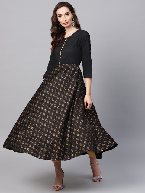 

SOJANYA Women Black & Golden Foil Print -Line Kurta