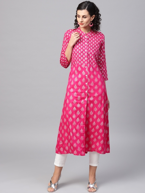 

SOJANYA Women Pink & Silver Foil Print A-Line Kurta, Magenta