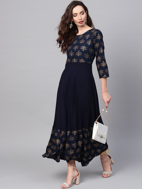 

SOJANYA Women Navy Blue & Golden Yoke Design A-Line Kurta with Foil Print
