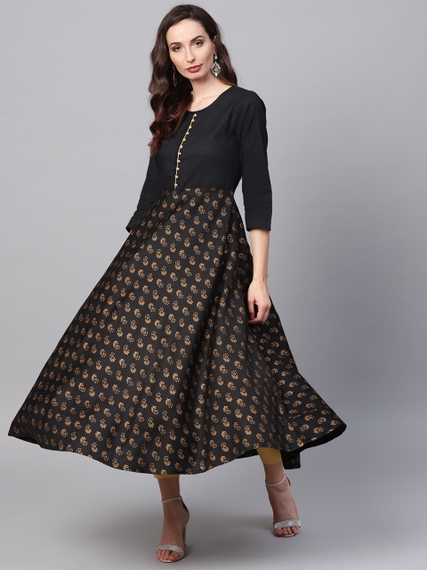 

SOJANYA Women Black & Gold-Toned Printed Kurta with Trousers