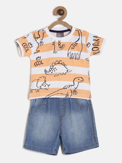 

Little Kangaroos Boys White & Peach-Coloured Striped T-shirt with Shorts