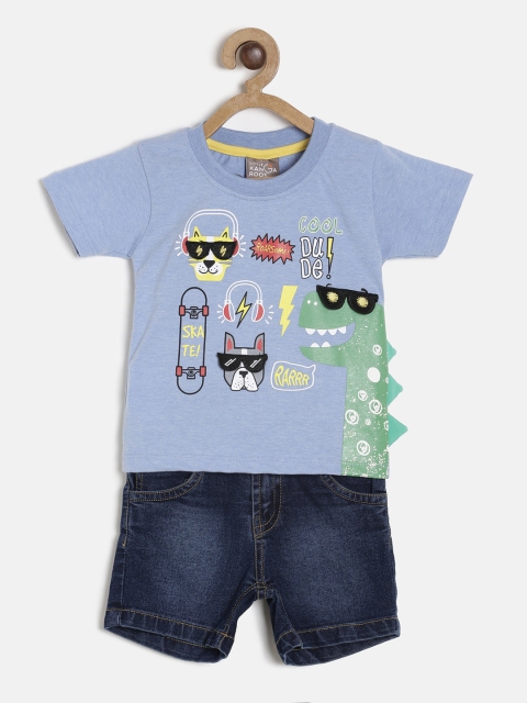 

Little Kangaroos Boys Blue Printed T-shirt with Denim Shorts
