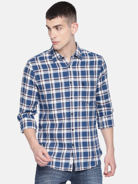 

U.S. Polo Assn. Men Navy & White Regular Fit Checked Casual Shirt, Navy blue