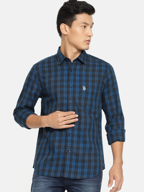 

U.S. Polo Assn. Men Blue & Black Tailored Fit Checked Casual Shirt