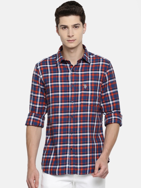 

U.S. Polo Assn. Men Orange & Blue Tailored Fit Checked Casual Shirt