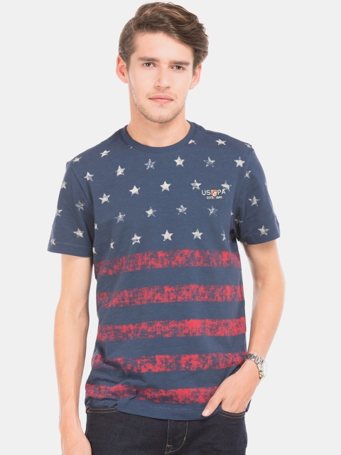 

U.S. Polo Assn. Men Navy Blue & Red Striped Slim Fit Round Neck T-shirt
