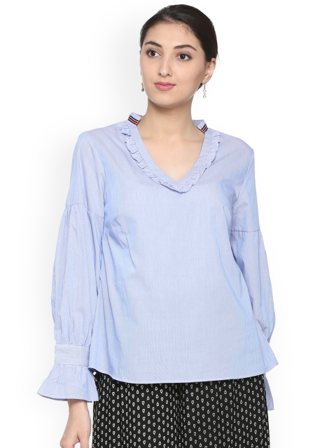 

Allen Solly Women Blue Striped A-Line Pure Cotton Top