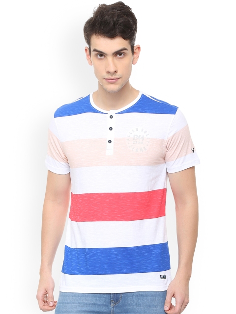 

Solly Jeans Co. Men White & Pink Striped Henley Neck T-shirt