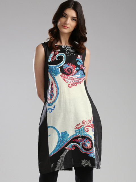 

W Black Panelled Printed A-Line Kurta