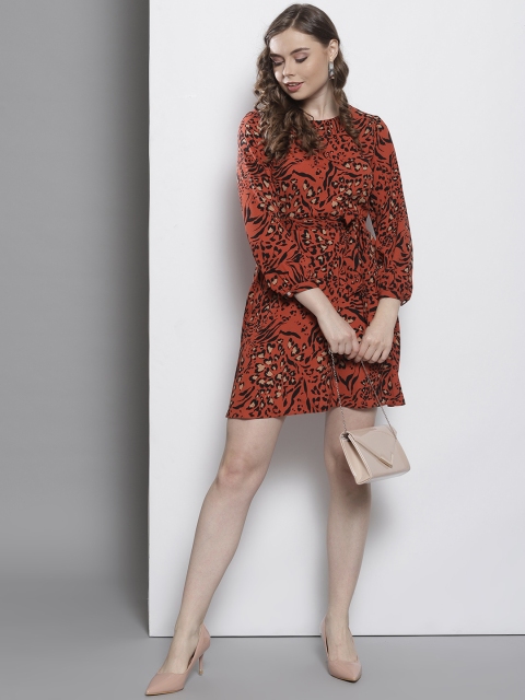 

DOROTHY PERKINS Women Petite Rust Orange & Black Printed Mini A-Line Dress