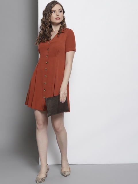 

DOROTHY PERKINS Women Petite Rust Orange Solid Shirt Dress