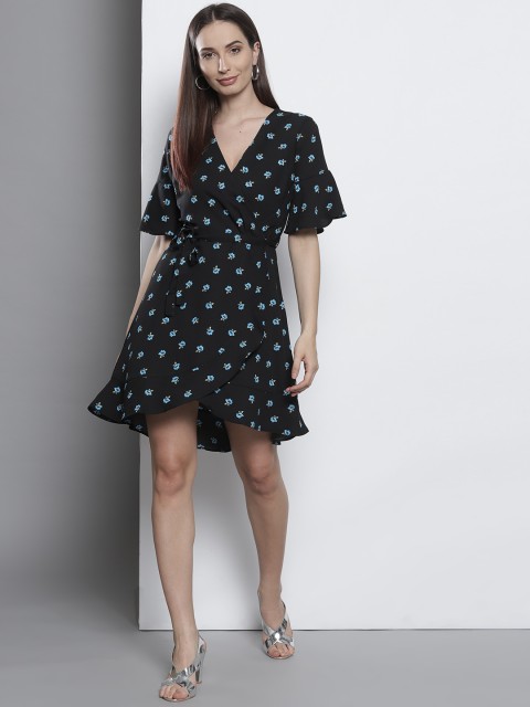 

DOROTHY PERKINS Women Black & Blue Printed Wrap Dress