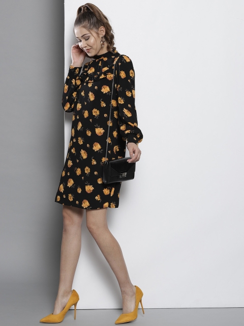 

DOROTHY PERKINS Women Black & Mustard Yellow Floral Print A-Line Dress