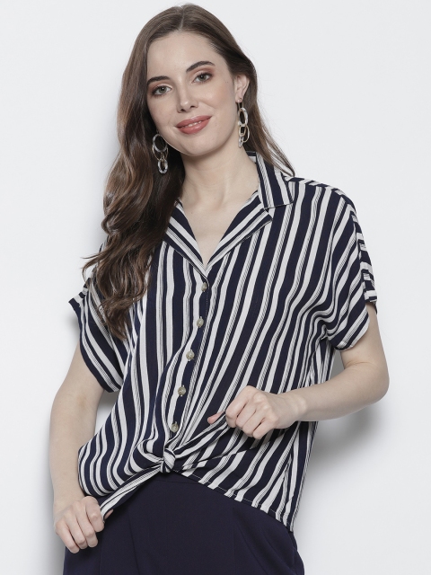 

DOROTHY PERKINS Women Navy Blue & White Regular Fit Striped Casual Shirt