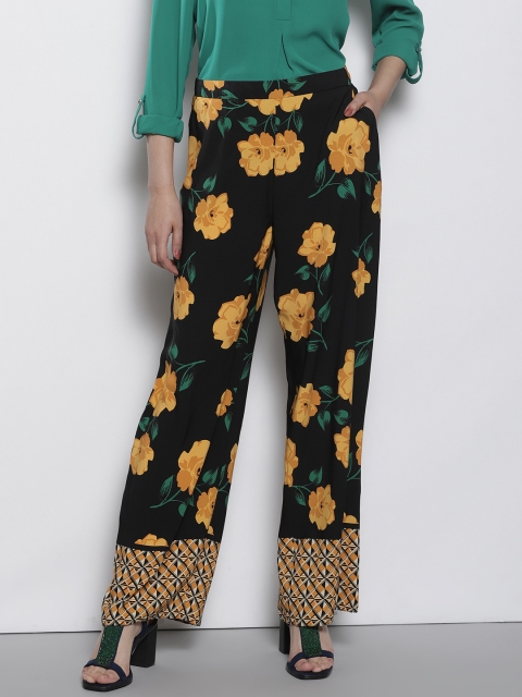 

DOROTHY PERKINS Women Black & Yellow Regular Fit Printed Parallel Trousers