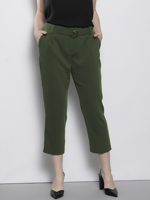 

DOROTHY PERKINS Women Olive Green Regular Fit Solid Petite Cropped Trousers