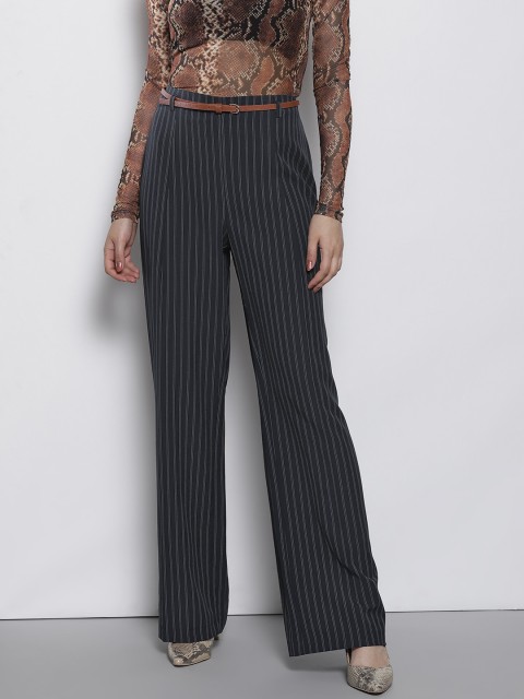 

DOROTHY PERKINS Women Navy Blue & White Regular Fit Striped Parallel Trousers
