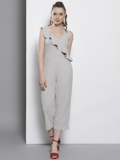 

DOROTHY PERKINS Grey Solid Ruffled Basic Cropped Jumpsuit
