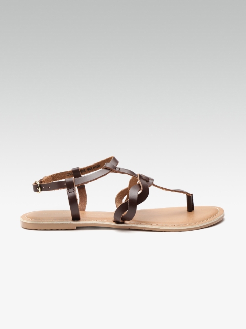 

DOROTHY PERKINS Women Coffee Brown Braided Leather T-Strap Flats