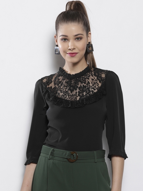 

DOROTHY PERKINS Women Petite Black Solid Top with Lace Inserts Detail