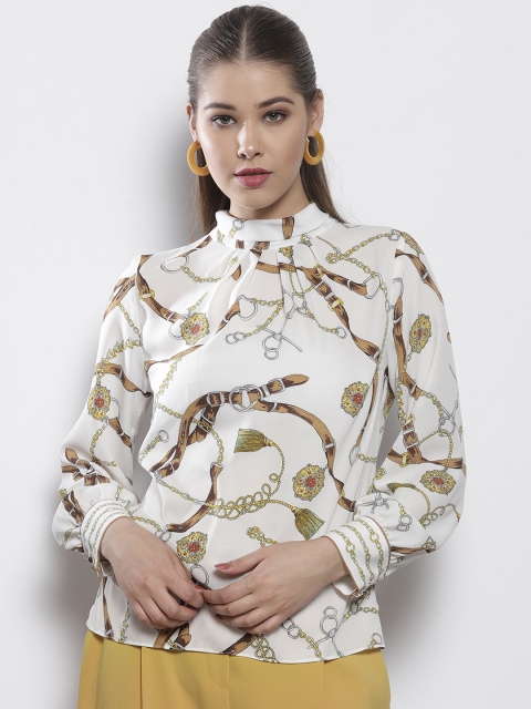 

DOROTHY PERKINS Women Petite White & Brown Printed Styled Back Top
