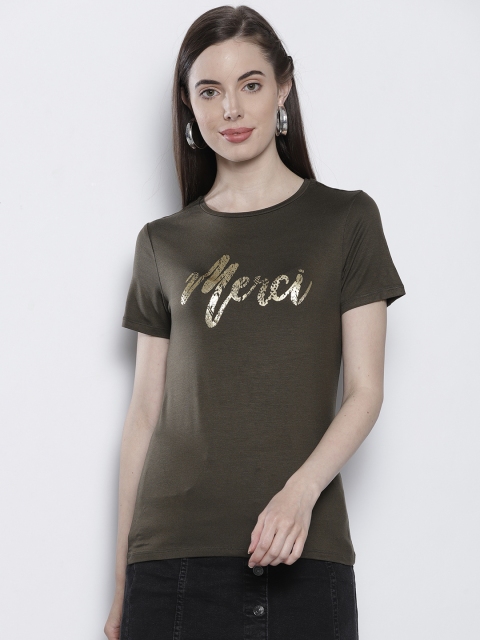 

DOROTHY PERKINS Women Olive Green Printed Detail Round Neck T-shirt