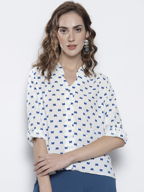 

DOROTHY PERKINS Women Petite White & Blue Regular Fit Printed Casual Shirt
