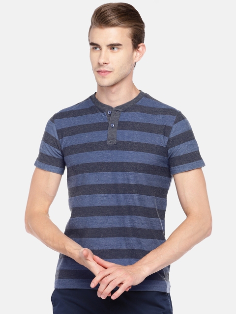 

Globus Men Blue Striped Henley Neck T-shirt