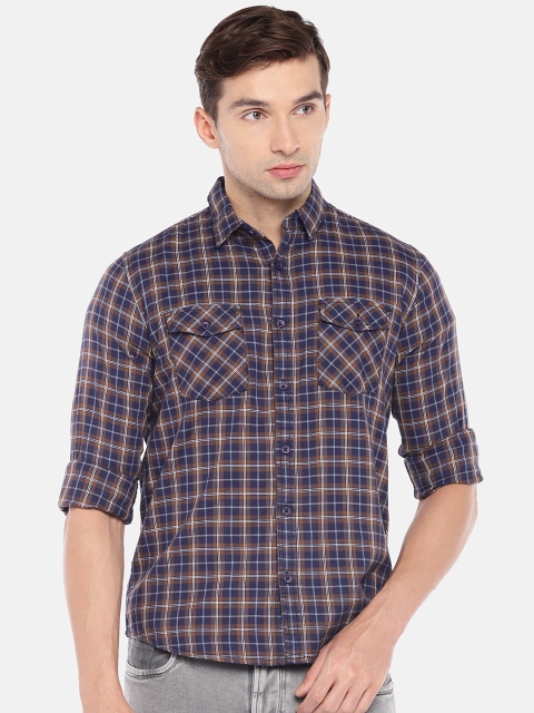 

Globus Men Navy Blue & Brown Regular Fit Checked Casual Shirt